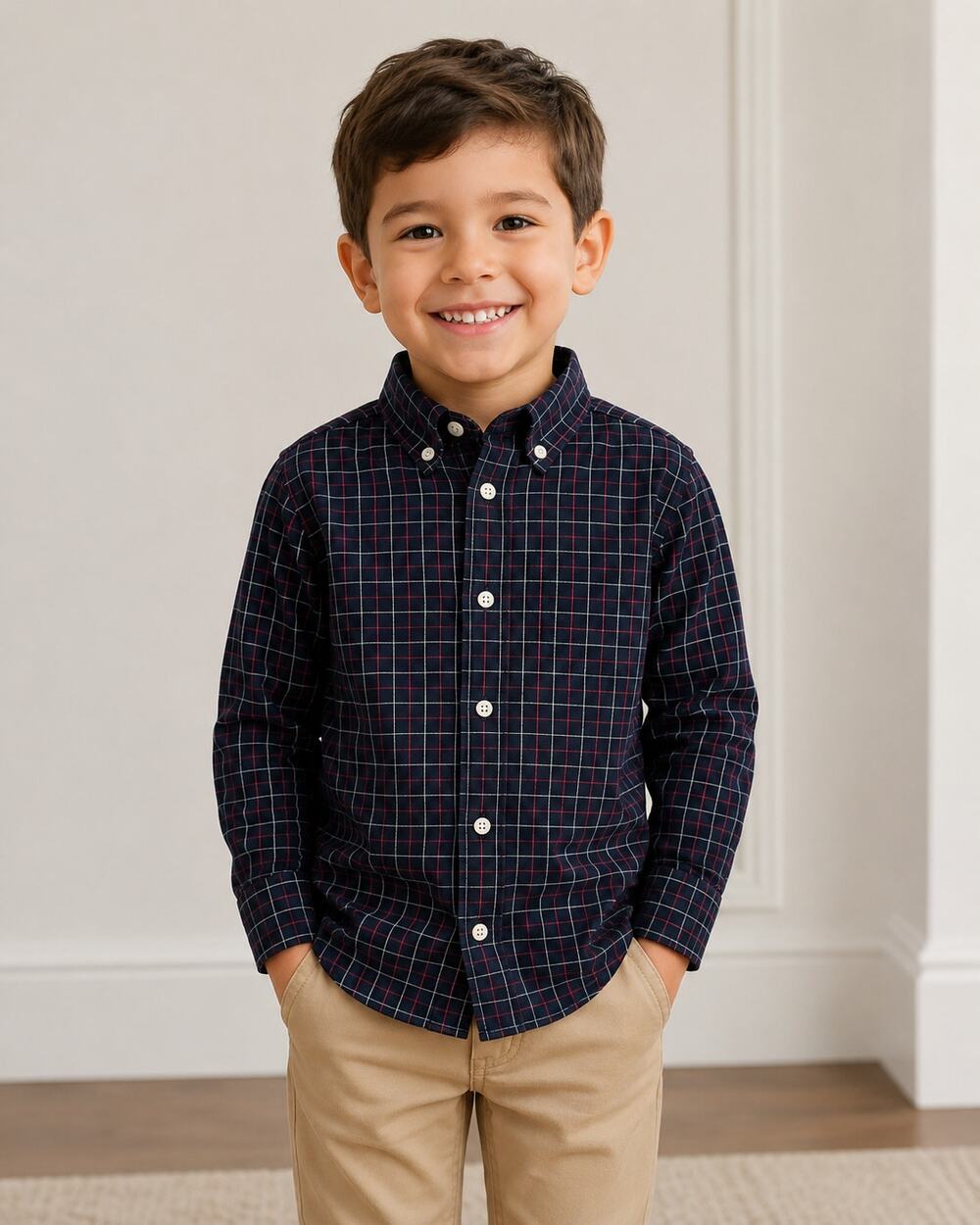 American Living Boys Black Plaid Button Down Shirt Size 5 Red White Cotton